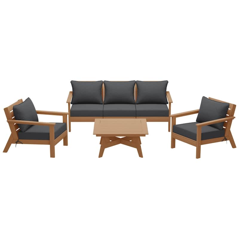 Birchwood All Weather HDPE Outdoor Patio Teak Deep Seating Conversation Set (6-Piece Set)