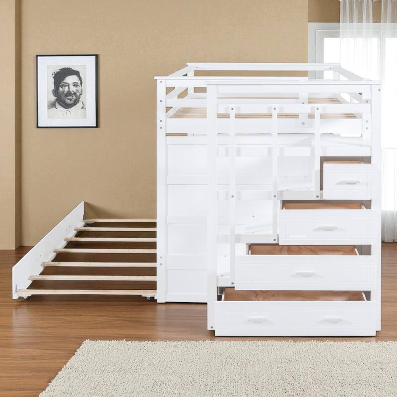 Twin Over Twin Bunk Bed with Trundle and Storage Drawers, Staircase Bunk Frame for Kids and Teens
