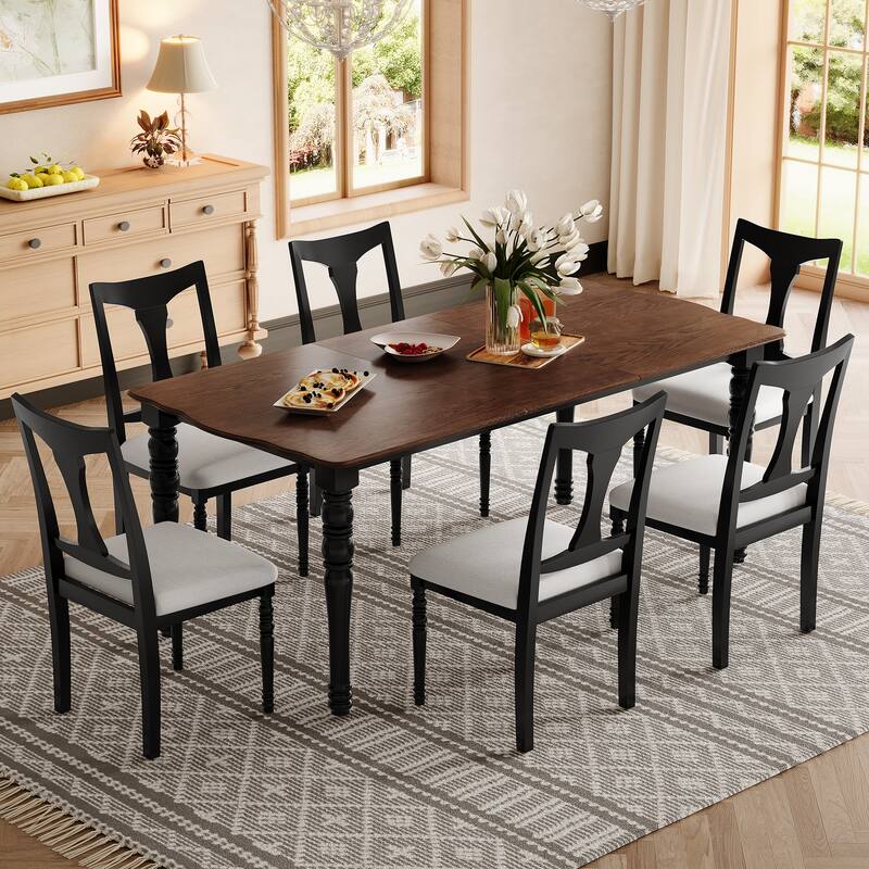 7-Piece Dining Table Set,Extendable Wood Dining Table with Removable Leaf, with 6 Upholstered Side Chair,Set of 6