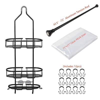 Utopia Alley Rustproof Aluminum Shower Caddy Organizer with 3 Shelves, Includes Shower Rod, Shower liner and shower hooks, Black