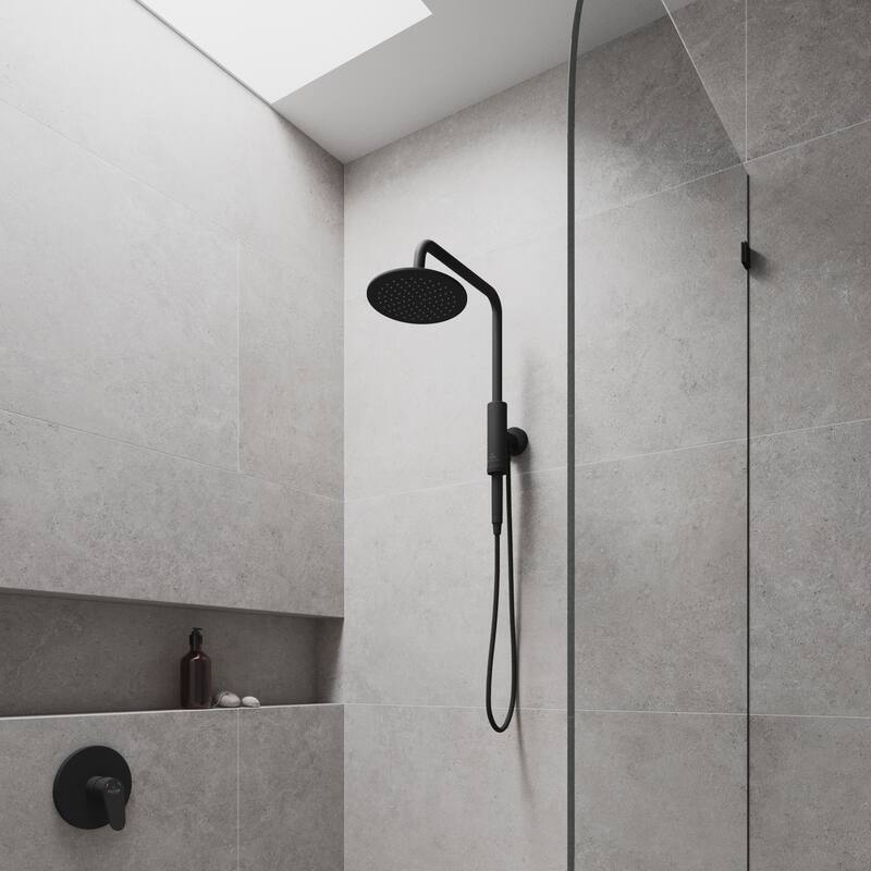 Aquarius 8-in Rain Showerhead Shower System with Pivoting Shower Arm and Magnetic Handshower Holder Matte Black