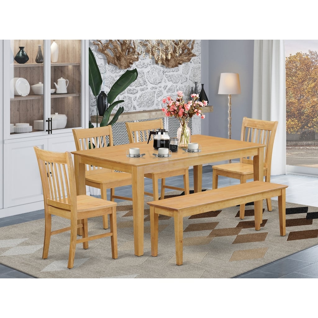 HomeStock 6-Piece Rectangle Natural Oak Finish Solid Wood Top Dining Table with 1 Bench, 4 Chairs