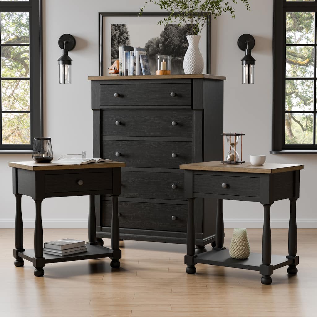 Furniture of America Lucan 3-Piece Farmhouse Black Chest and 2 Nightstand Bedroom Set