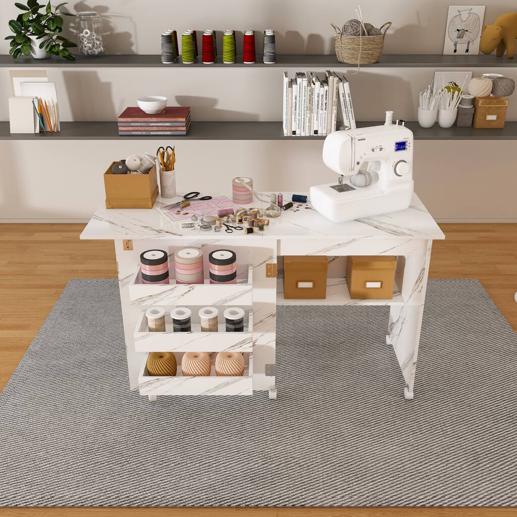 Folding Sewing Machine Table with Storage Shelves and Sliding Drawer, Craft Station with Lockable Wheels, Rolling End Table