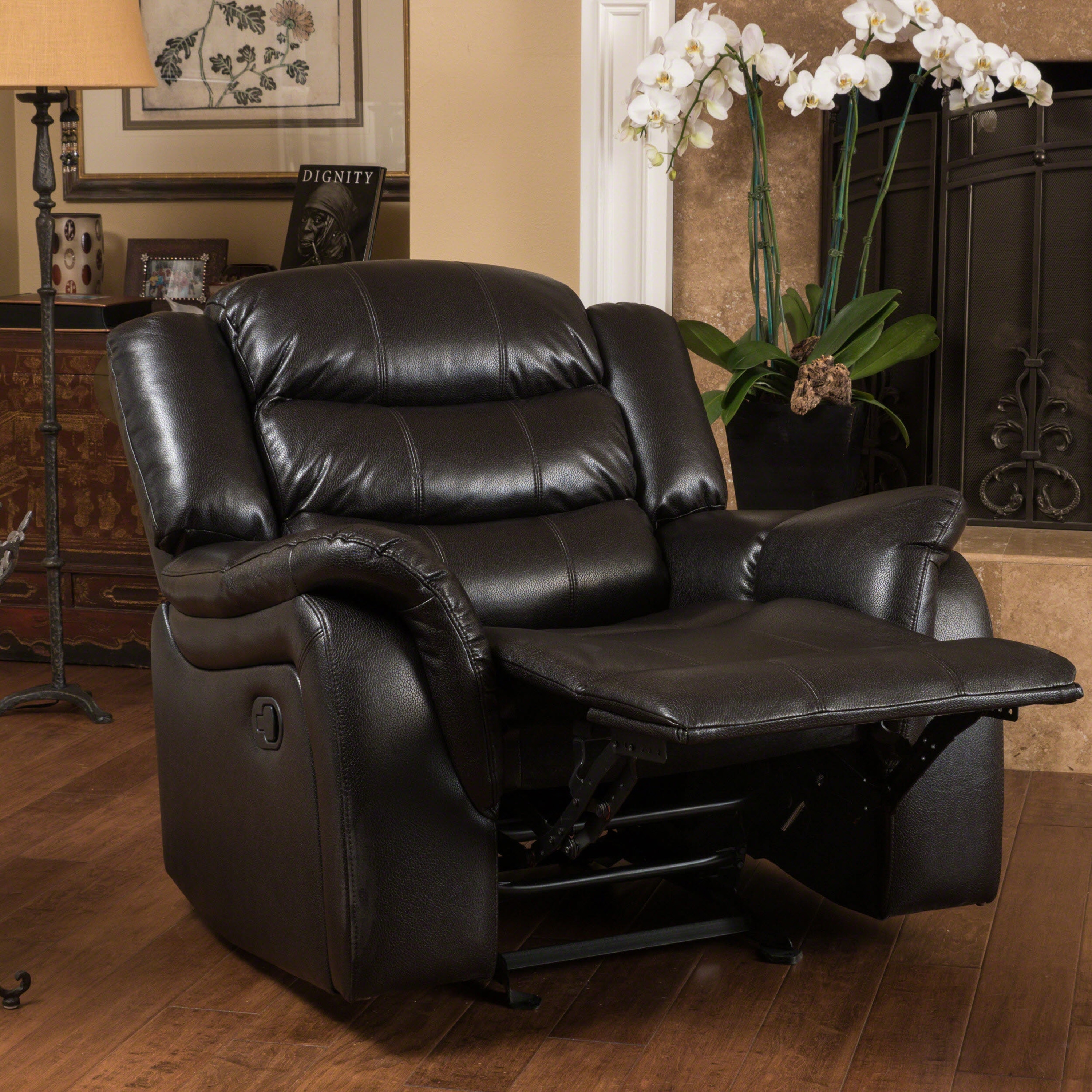 Roomfitters Classic Oversized Glider Recliner Chair with PU Leather Upholstery, Black Berry