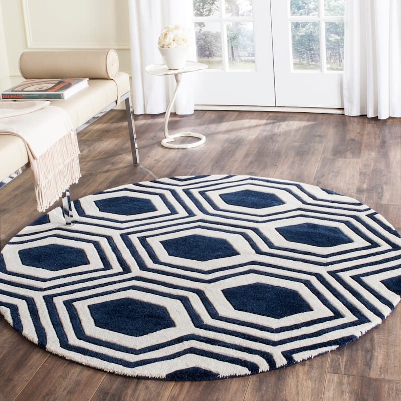 SAFAVIEH Handmade Chatham Kitt Modern Wool Rug - 5' Round - Dark Blue/Ivory
