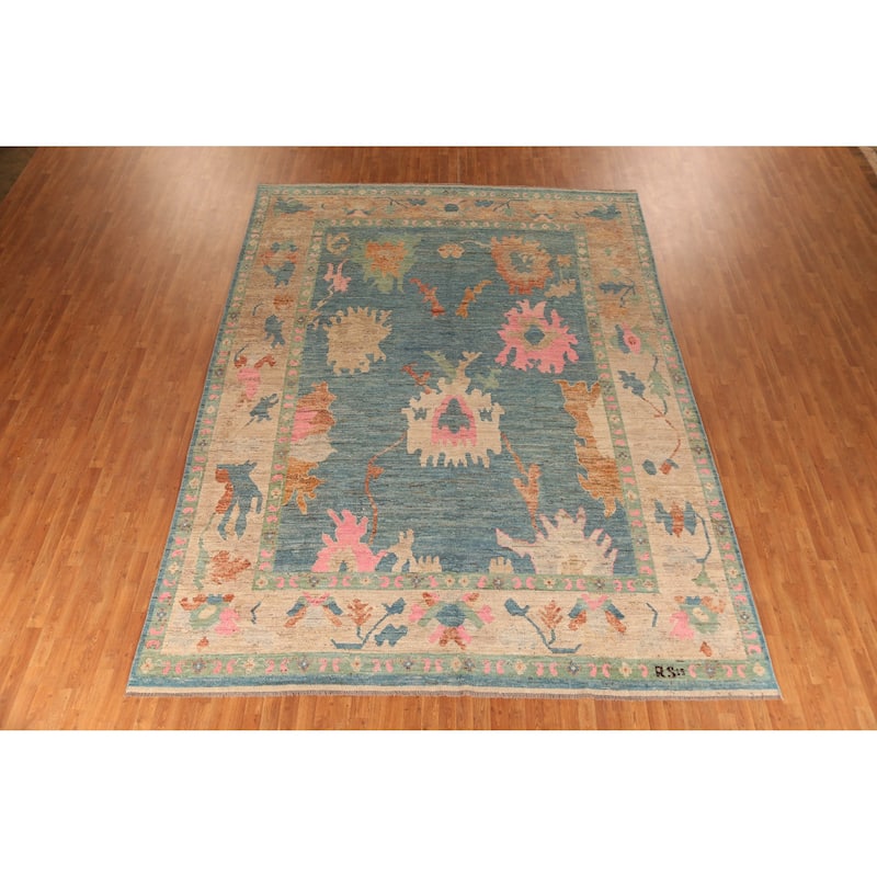 Vegetable Dye Blue Oushak Turkish Large Rug Hand-Knotted Wool Carpet - 10'5" x 14'0"