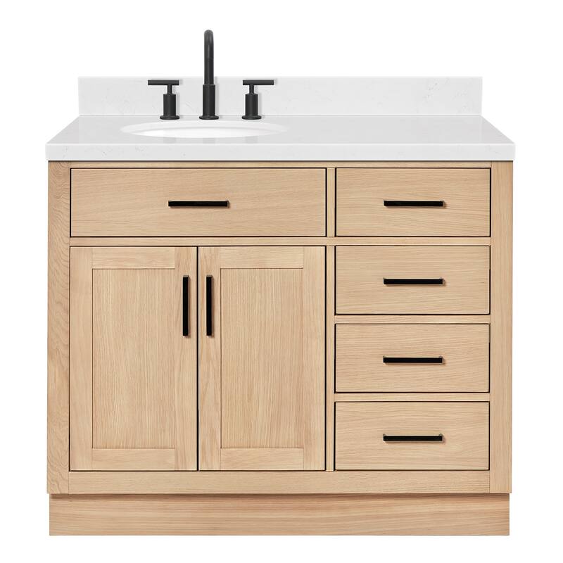 Ariel T042SLCQOVO Hepburn 43" Free Standing Single Basin Vanity Set - Oak / Carrara White Quartz Top / Matte Black