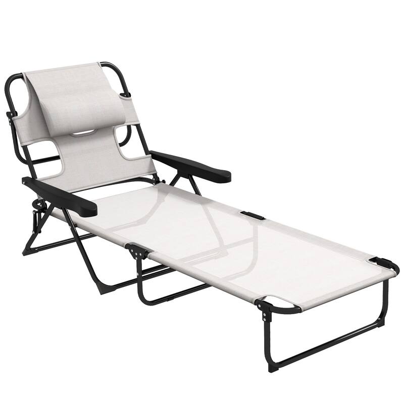 Outdoor Folding Lounge Chair, 4-Position Adjustable Reclining Sun Tanning Chair with Face Hole, Breathable Mesh, Steel Frame - Cream White
