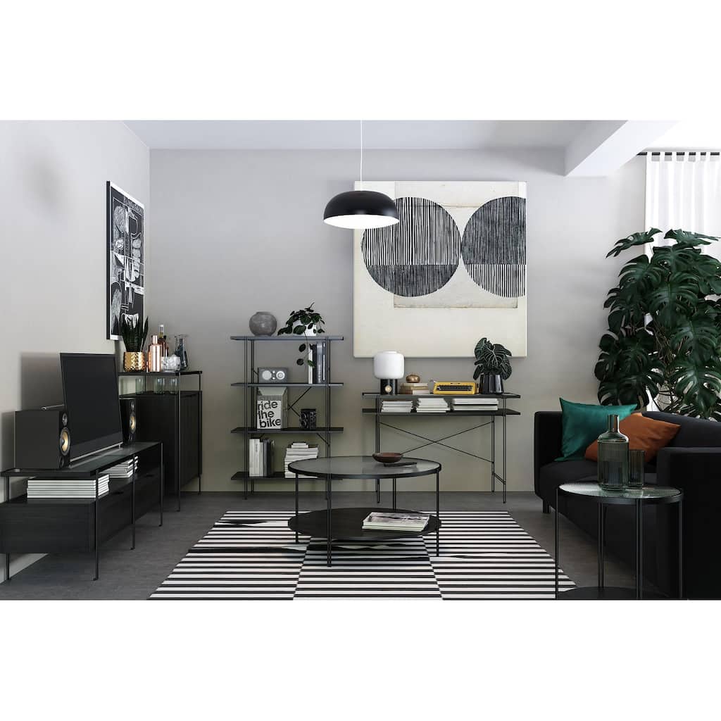 Anmytek Modern Fluted Glass Computer Desk with Open Shelf Woodgrain Home Office Desk for Small Spaces