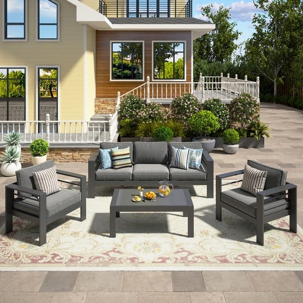 slide 2 of 49, Royalcraft 4-Piece All-Aluminum Patio Set with 5" Cushions & 3.2" Widened Armrest, Seats 5, 250 lbs - 4-Piece Sets