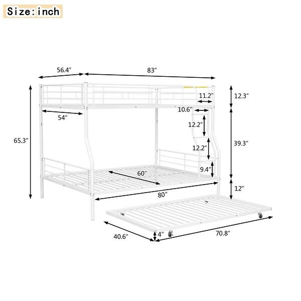 dimension image slide 2 of 3, Full XL Over Queen Iron Frame Bunk Bed Split Into 2 Beds with Trundle