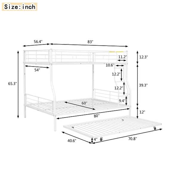 dimension image slide 4 of 6, Metal Bunk Bed with Trundle Ladder High Guardrail Heavy-Duty Steel Loft Bed Frame with Safety Rail Able to Split