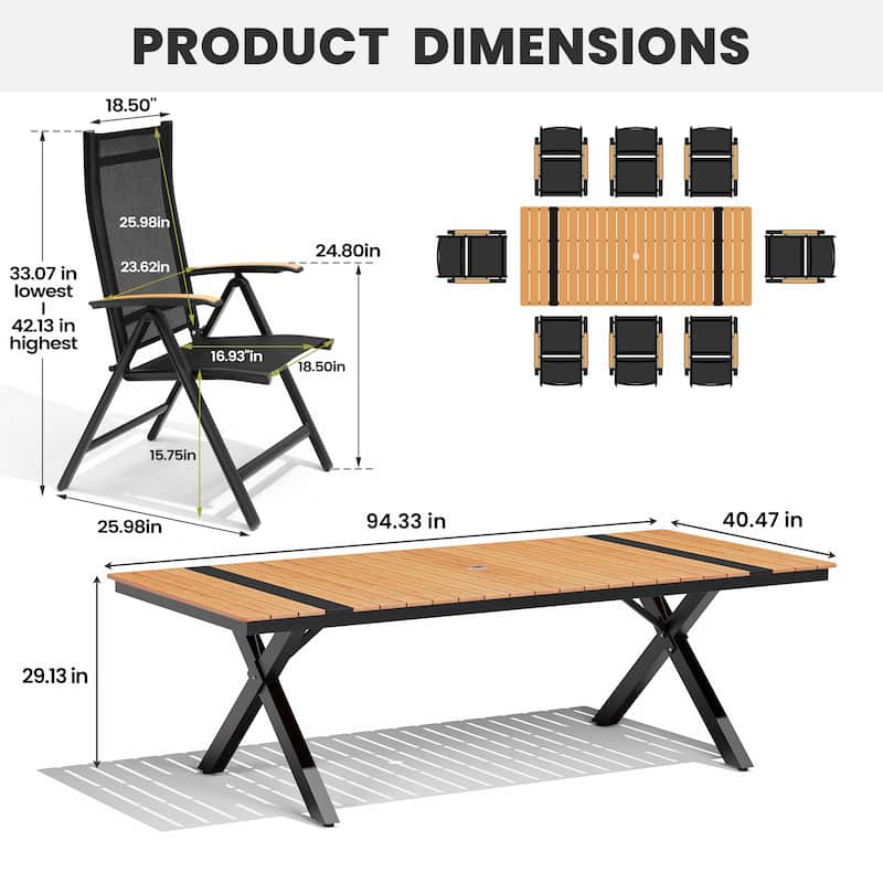 9-Piece Set Outdoor Aluminum Dining Table with Umbrella Hole and Foldable Dining Chairs