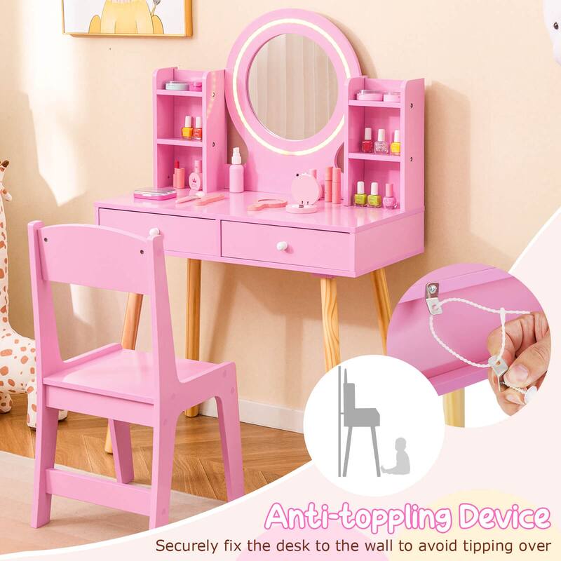 Costway Kids Vanity Set Princess Vanity Desk Set with 2-Color LED - See Details