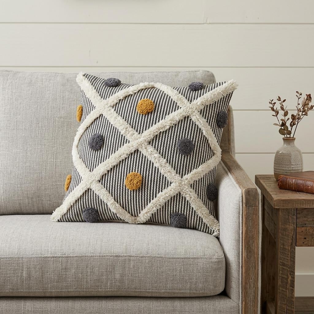HomeRoots 20" Gray Ivory and Yellow Striped Cotton Throw Pillow With Texture