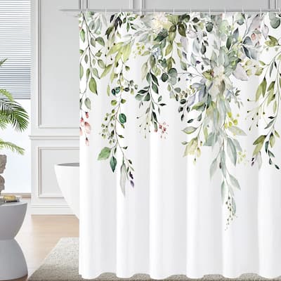 Sage Green Watercolor Plant Leaves with Floral for Bathroom 72x72 Inch