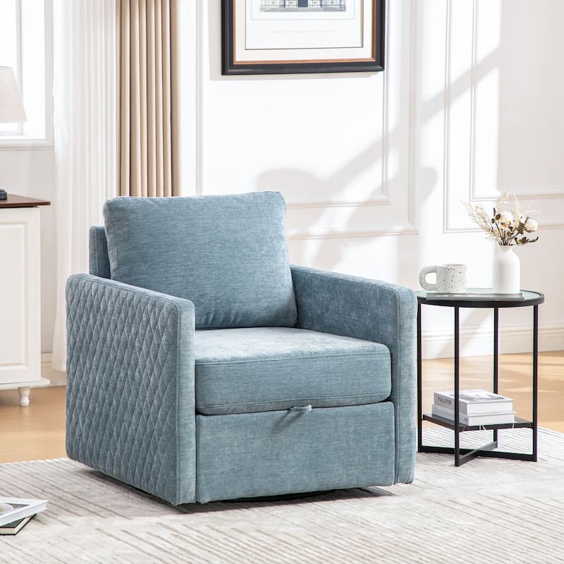 29.5" W Upholstered 360°Swivel Armchair with Hidden Storage, Comfy Diamond-Shape Tufted Armrests Accent Square Club Chair - Blue