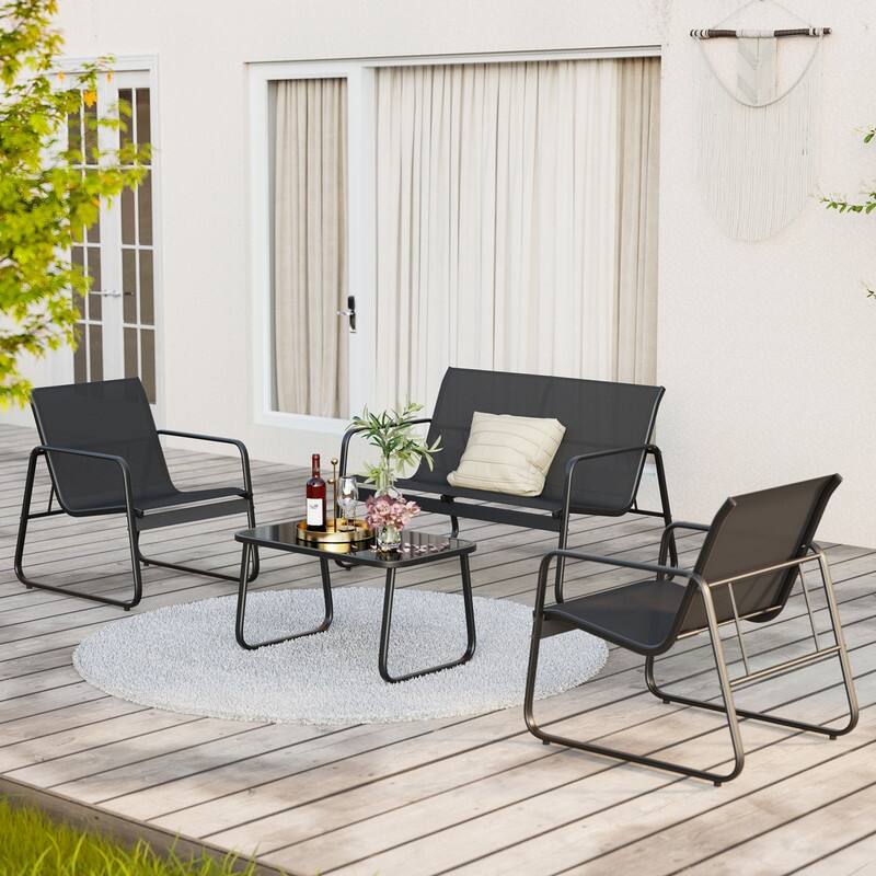 Outdoor 4 Piece Patio Conversation Set, Bistro Table and Chair Set with Chaise Lounge and 2 Single Chairs