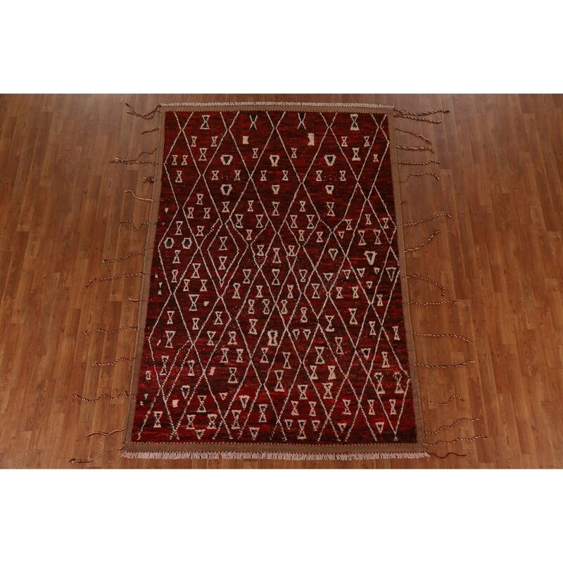 Hand Knotted Oriental 100% Wool Carpet Tribal Trellis Red Moroccan Area Rug - 8' 3'' X 5' 7''