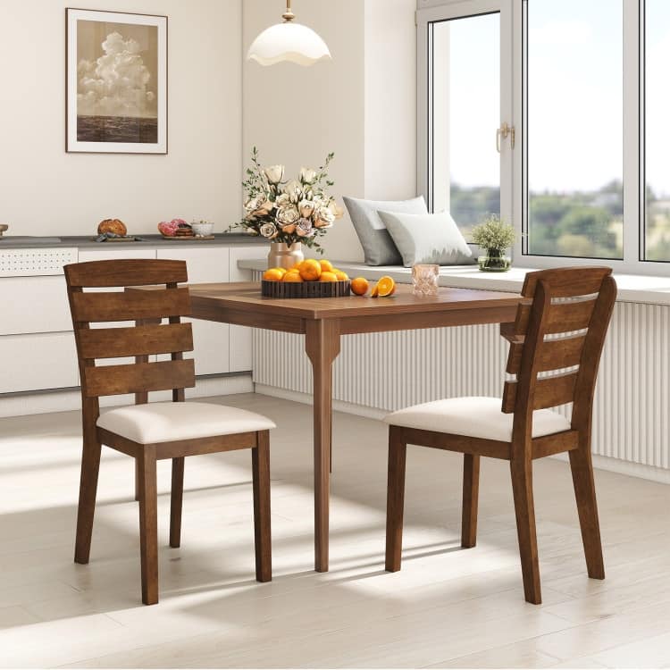 Natural and Beige Rubber Wood Dining Chair Set of 2 with Slatted Backrest, Sponge Cushion - 22.5” x 17.5” x 35.5”
