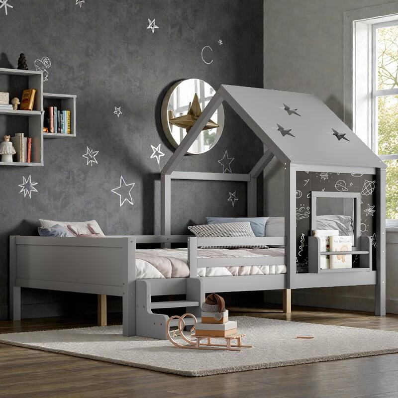 Kids House Platform Bed with Stairs, Star Roof, Window, Bookcase & Blackboard, Solid Wood Low Profile Bed No Box Spring