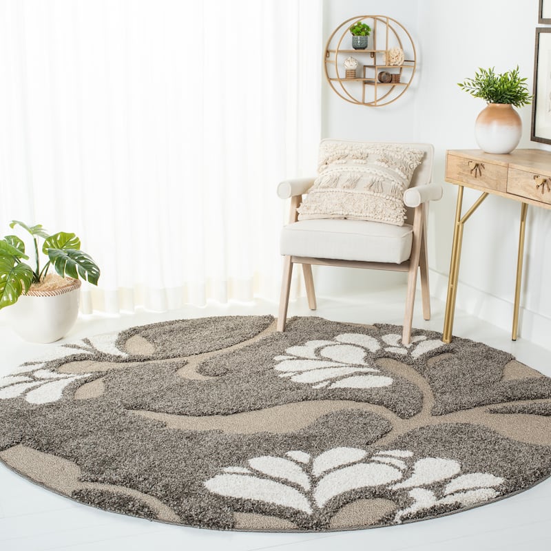 SAFAVIEH Florida Shag Neliha Floral 1.2-inch Thick Rug - 5' Round - Smoke/Beige - Round