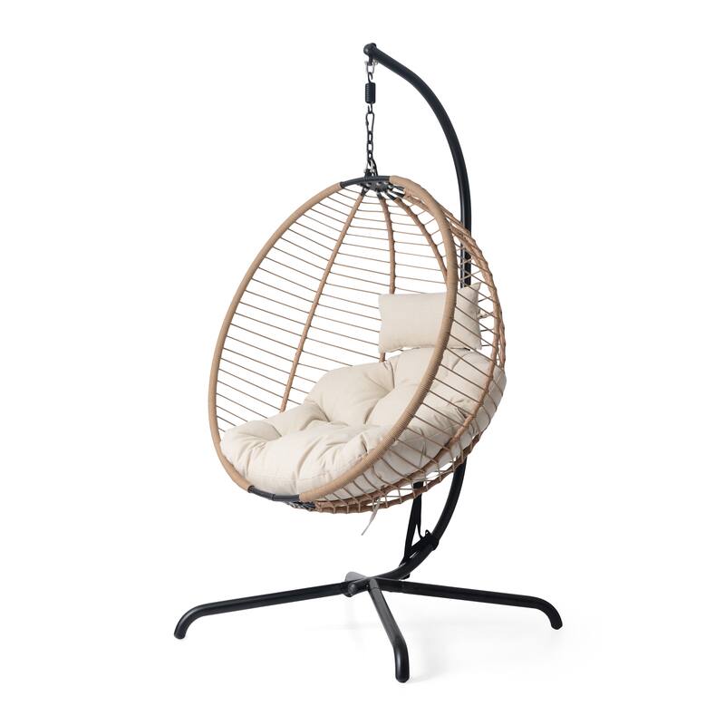 Roomfitters Sora Outdoor Wicker Hanging Chair with Stand and Beige Cushion, Brown Rattan Swing - Single Unit - Beige+Brown