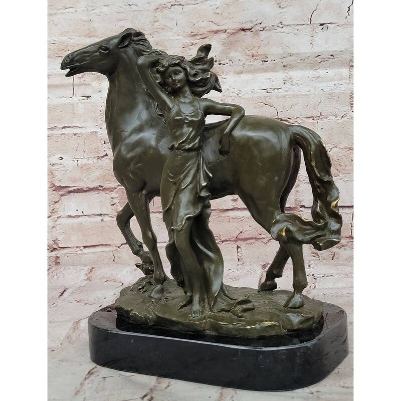 Art Nouveau Style Bronze Woman And Imitative Horse – Decorative Sculpture On Marble