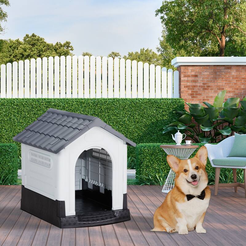 Plastic Dog House with Air Vents, Elevated Floor, Insulated Outdoor Indoor Kennel for Small Dogs