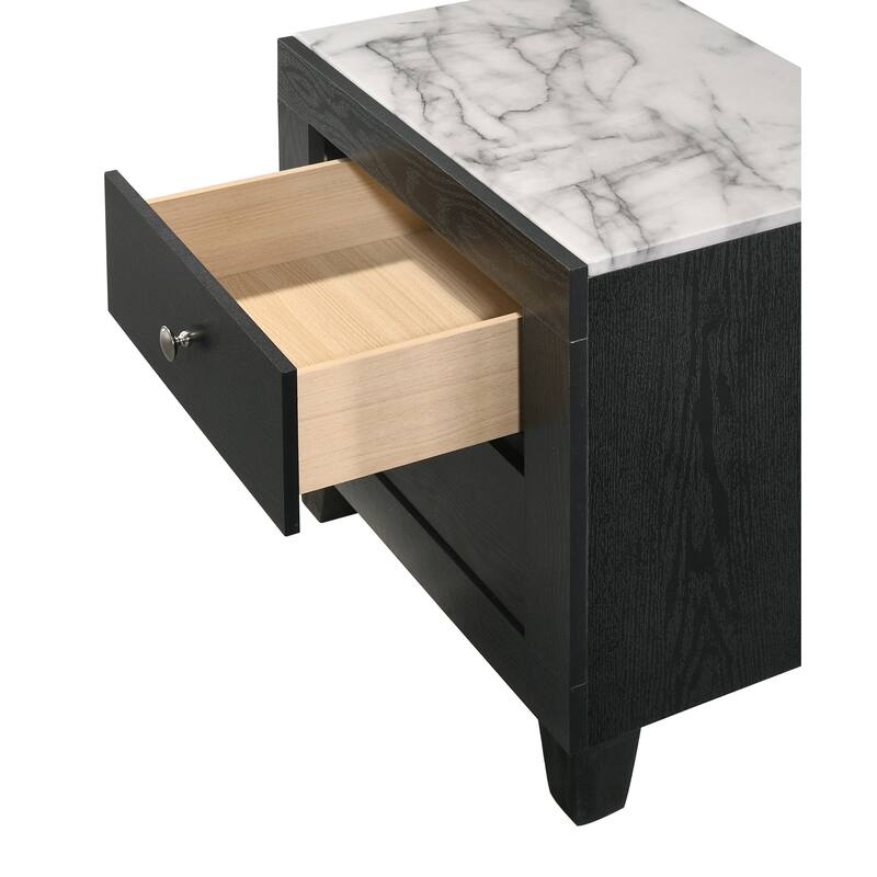 Contemporary White Faux Marble Top Nightstand with 2 Drawers in Black Finish