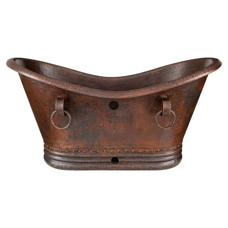 60" Hammered Copper Double Slipper Bathtub with Rings and Overflow Holes and Drain Package