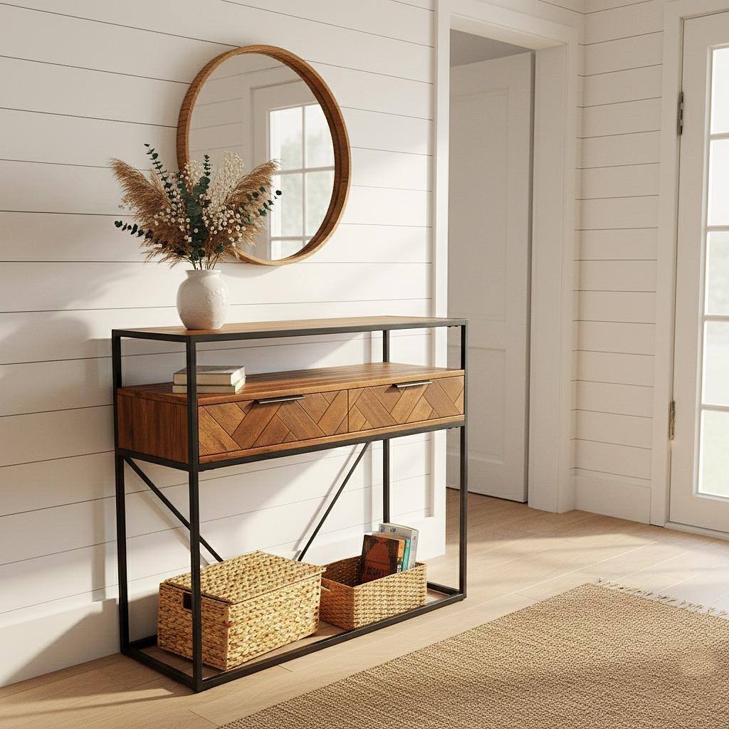 Vintage Industrial Dark Brown Wood Console Table