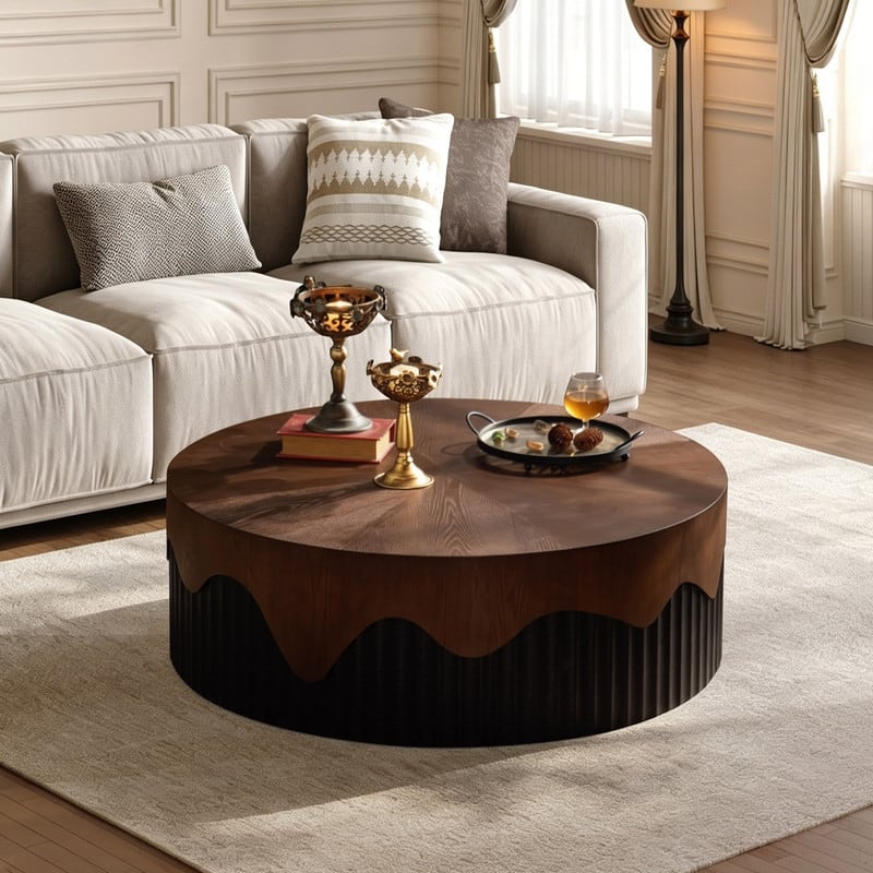Modern Fluted Coffee Table Accent Table with Tempered Glass Top and Hidden Storage for Living Room