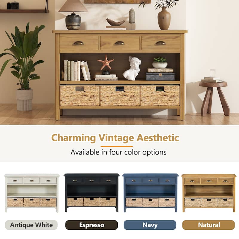 Sideboard Storage Cabinet with 3 Drawers & Water Hyacinth Woven Baskets, Wood Console Table for Living Room Hallway Entryway