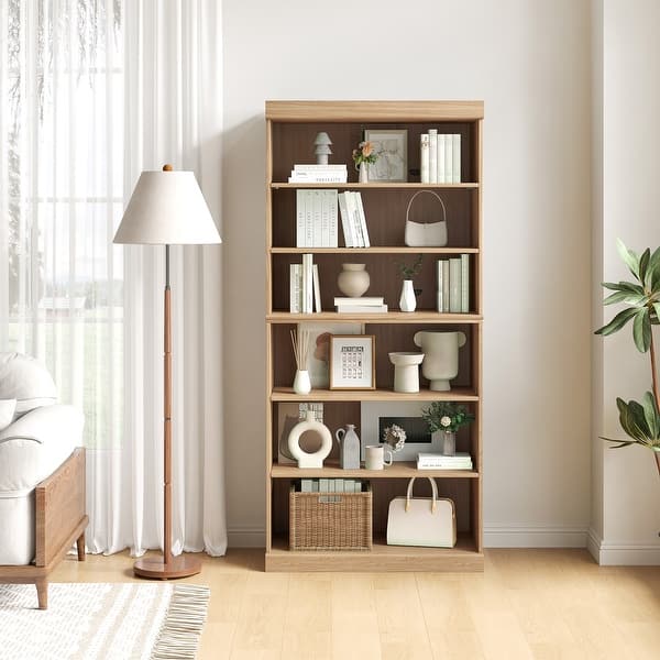 slide 2 of 6, 67" Solid Wood 6-Shelf Bookcase Storage Clear