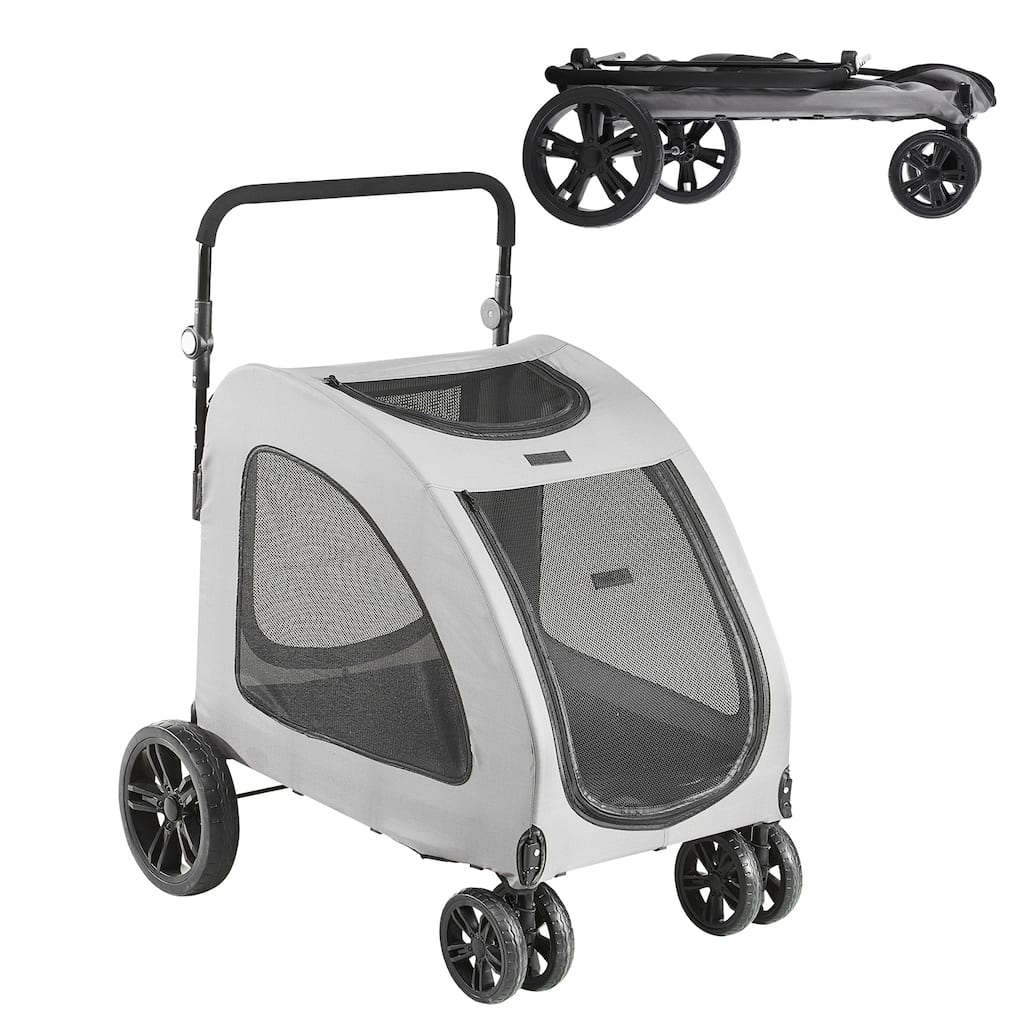 Pet Stroller with Breathable Mesh Windows and Height-Adjustable Height