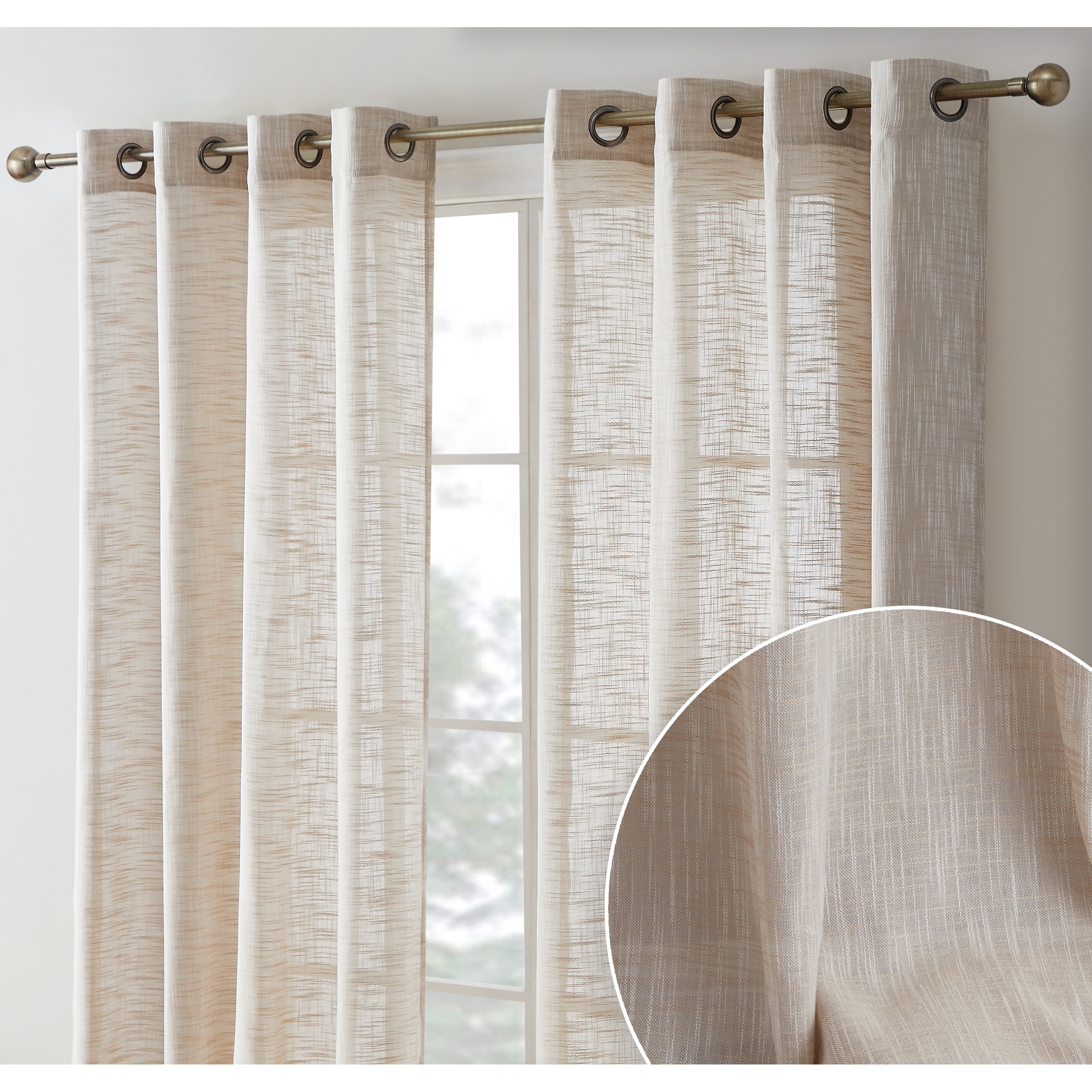 Home & Linens London Faux Linen Textured Sheer Privacy Sun Light Filtering Window Grommet Thick Curtains Panels, Set of 2