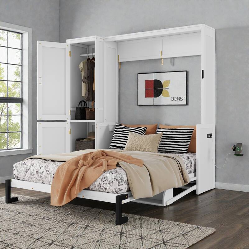 Queen Murphy Bed with Wardrobe and Desk, Space-Saving Wall Bed with Gas Struts and Charging Station