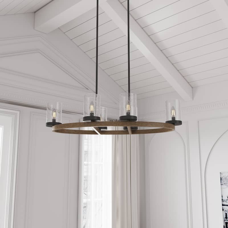 Farmhouse 6-Light Candle Style Round Chandelier with Seeded Glass Shade - Black