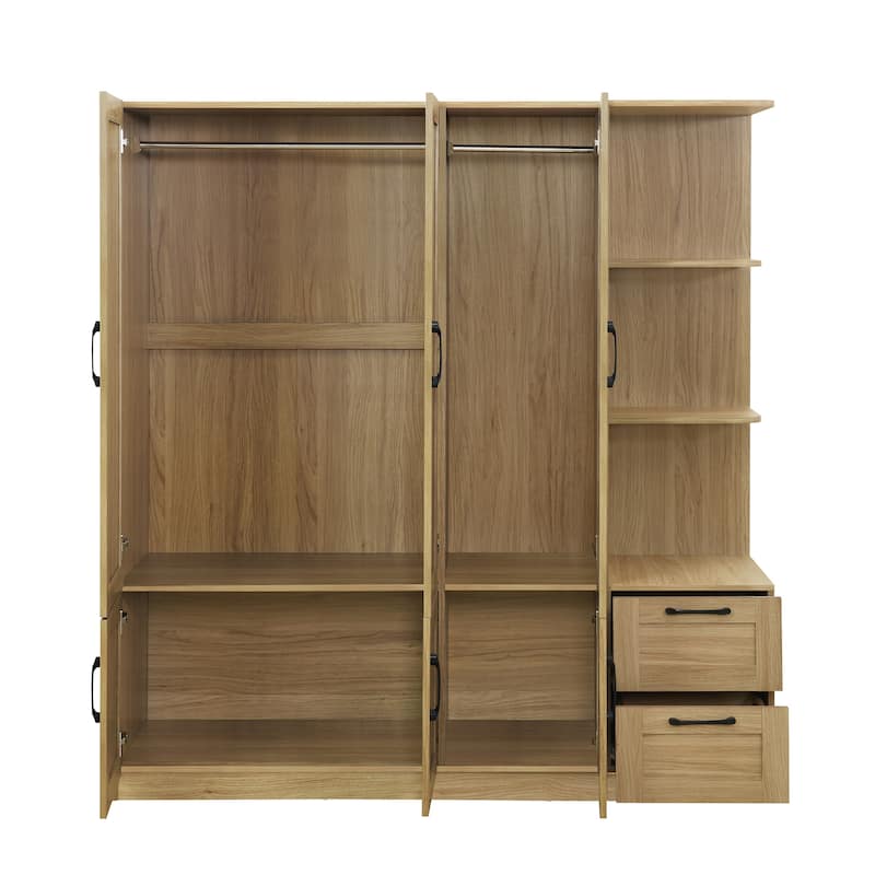 3 Doors Armoire Wardrobe Closet with 3 Side Shelves 2 Drawers, Wooden Bedroom Armoires with Hanging Rod for Bedroom