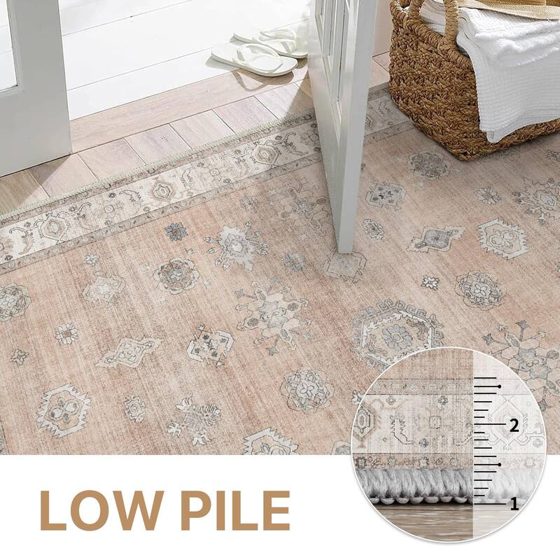 Mcow Vintage Floral Low-Pile Machine Washable Non-Slip Area Rug