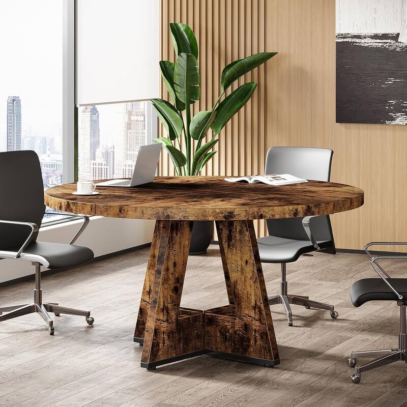 47" Round Conference Table Meeting Room Table with Thickened Top Wood Base Modern Training Desk for Conference/Seminar Room - Tan