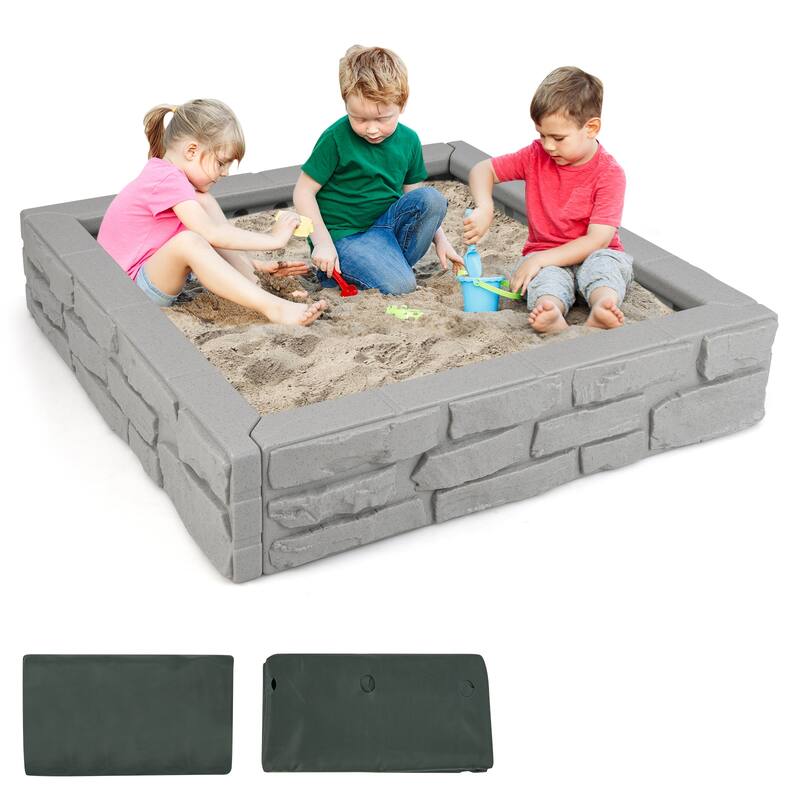 Outdoor Kids Sandbox with Cover and Bottom Liner for Backyard Play