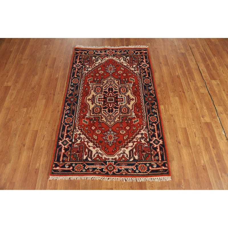 Hand Knotted Oriental 100% Wool Carpet Traditional Medallion Oranges & Rust Heriz (serapi) Area Rug - 5' 1'' X 3' 1''