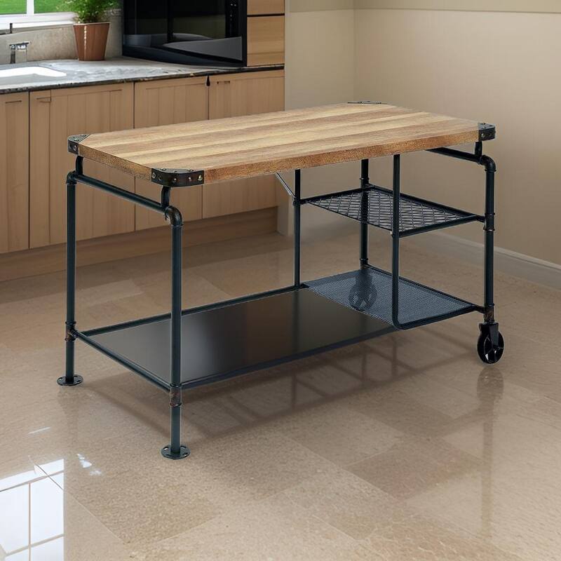 47 Inch Writing Desk, Industrial Caster Wheel, Black Metal, Brown Wood