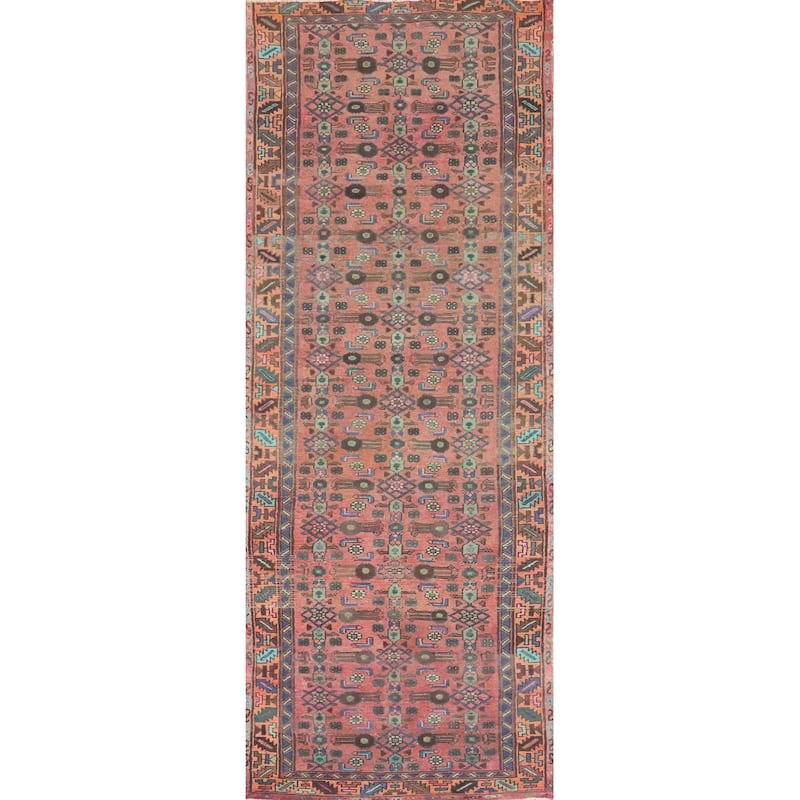 Hand Knotted Oriental 100% Wool Carpet Traditional Geometric Pink Hamedan Runner Rug - 9' 8'' X 3' 4''