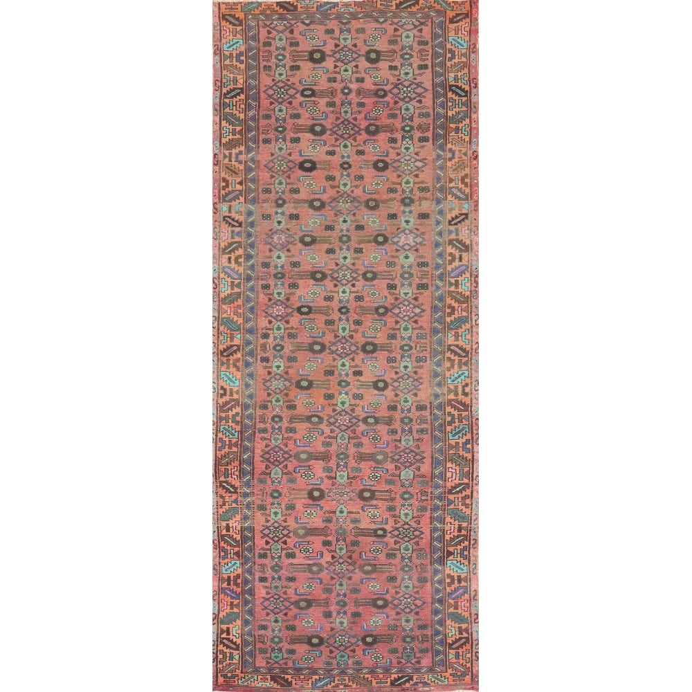 Hand Knotted Oriental 100% Wool Carpet Traditional Geometric Pink Hamedan Runner Rug - 9' 8'' X 3' 4''