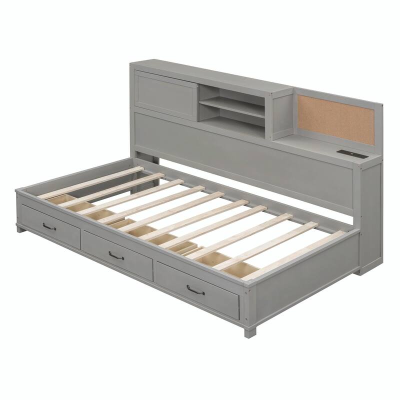 Wooden Daybed with Storage Drawers, Soft Board, Shelf, Sockets, USB Ports