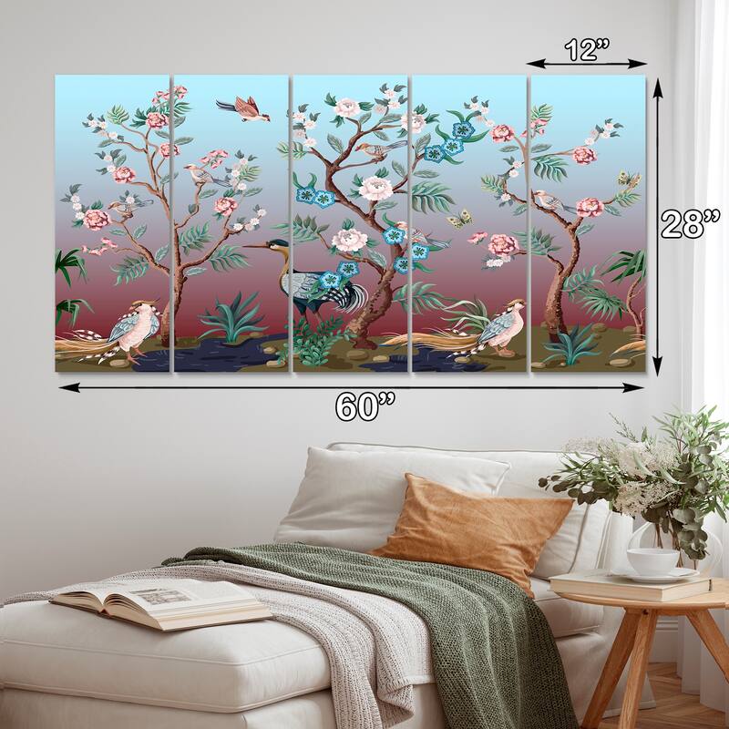 Designart "Chinoiserie With Birds and Peonies XI" Traditional Canvas Wall Art Print